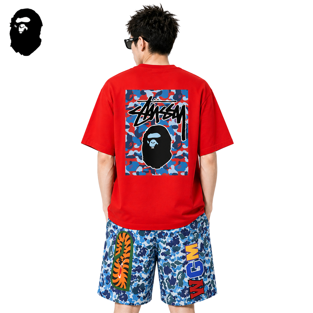 BAPE x Stussy Blue Camo Back Print Men's T-Shirt - Red