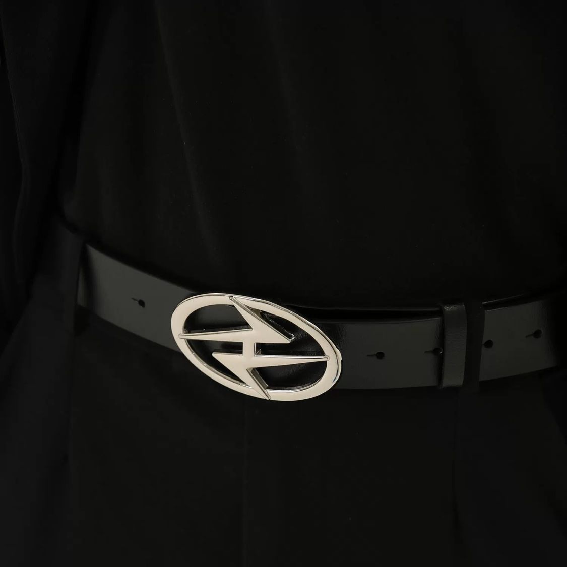 Double Layer Cowhide Belt Metal Logo Buckle Futuristic Waist Belt