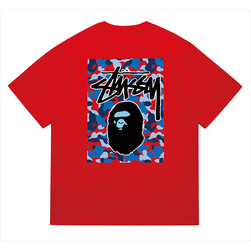 BAPE x Stussy Blue Camo Back Print Men's T-Shirt - Red