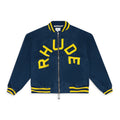 NAVY OVERSIZED LOGO TERRY VARSITY JACKET