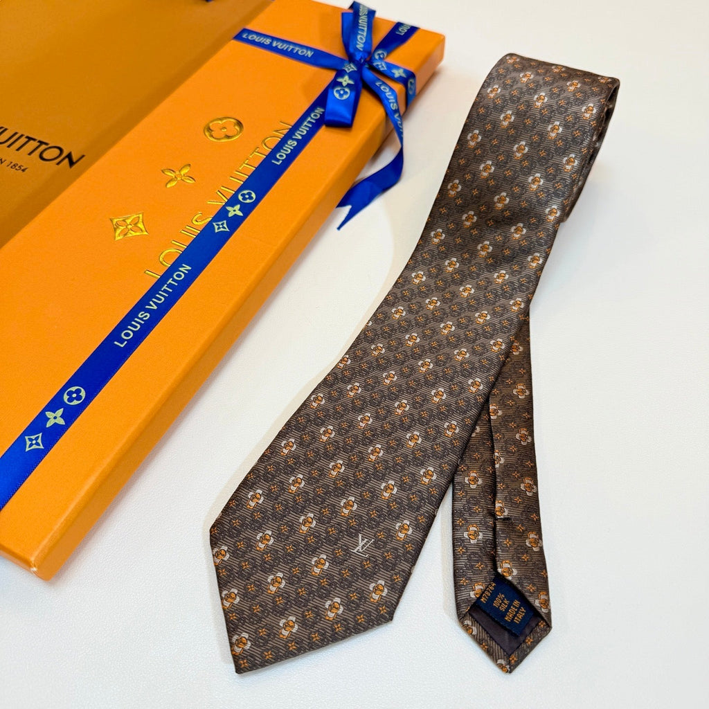 Louis Vuitton Style Men's Floral Monogram Silk Tie