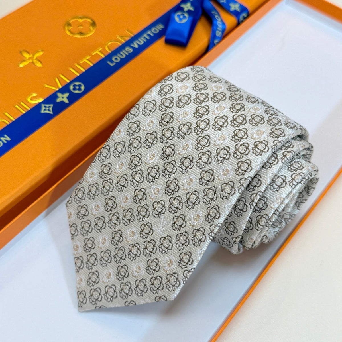 Louis Vuitton Style Men's Floral Monogram Silk Tie