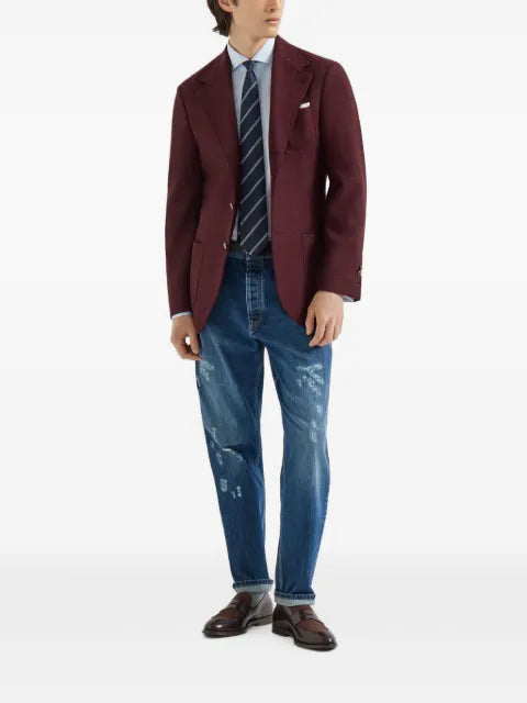 Brunello Cucinelli cashmere panama deconstructed blazer with patch pockets and metal buttons