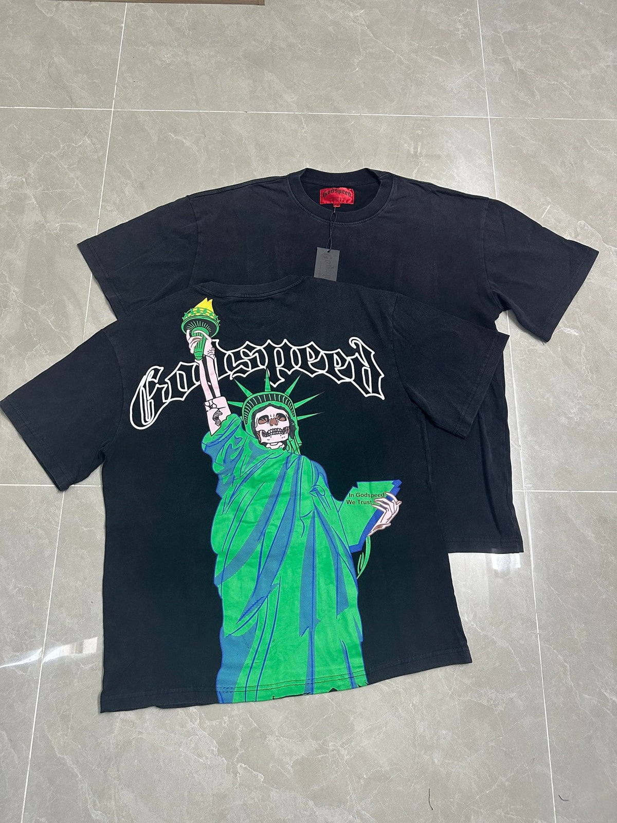Godspeed Skeleton Statue Of Liberty Short Sleeve Tee (Washed Black)