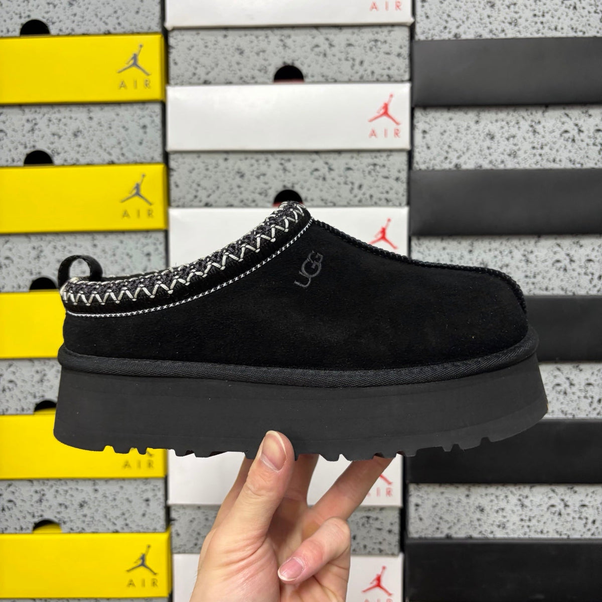 UGG Tazz Platform Slipper – Suede Mule with Shearling Lining, Black & White Braided Collar Trim & All-Black Chunky Platform Sole in Black