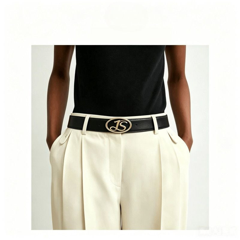 Vintage Leather Belt Oval Antique Gold JS Logo Buckle Women Waist Belt