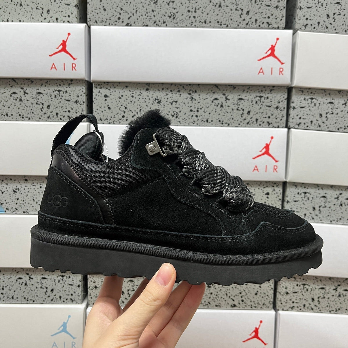 UGG Lowmel Lace-Up Sneaker – Suede & Mesh Low-Top Trainer with Black UGGplush Lining & Tonal Woven Laces in Black