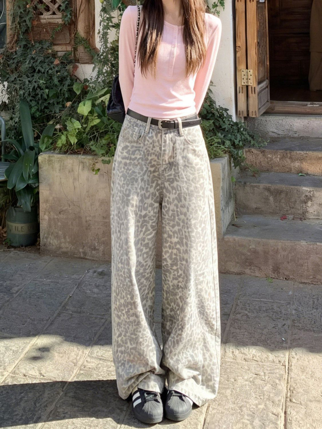 Milk Coffee Leopard Print High Waist Wide Leg Denim Jeans