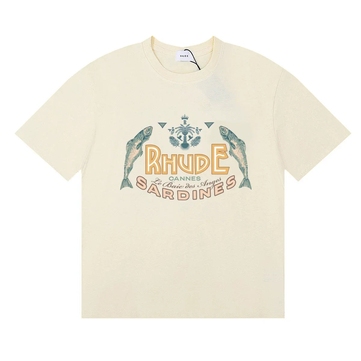 Rhude Cannes Sardines Fish Retro Nautical Cream Oversized T‑Shirt