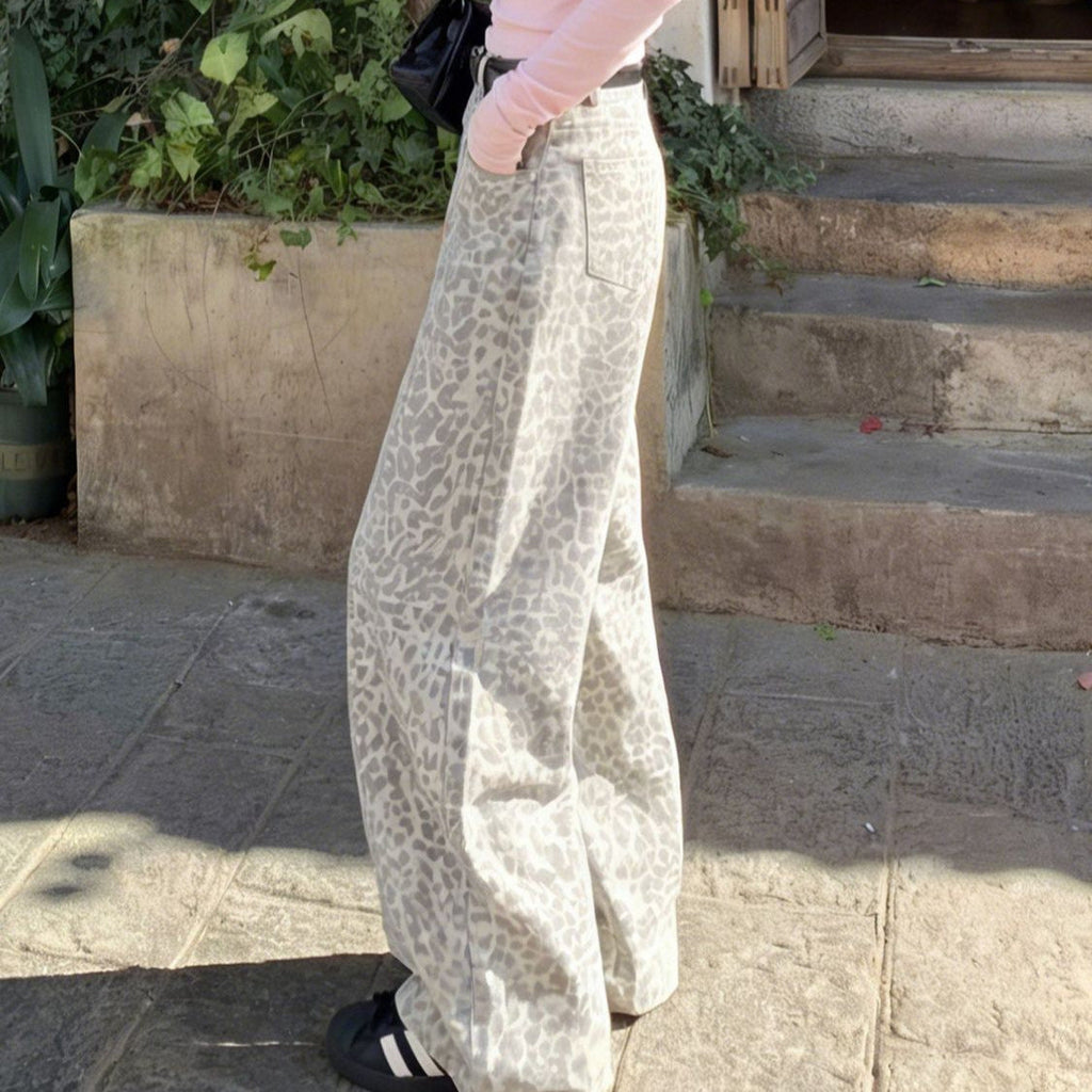 Milk Coffee Leopard Print High Waist Wide Leg Denim Jeans