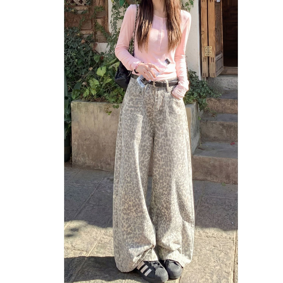 Milk Coffee Leopard Print High Waist Wide Leg Denim Jeans