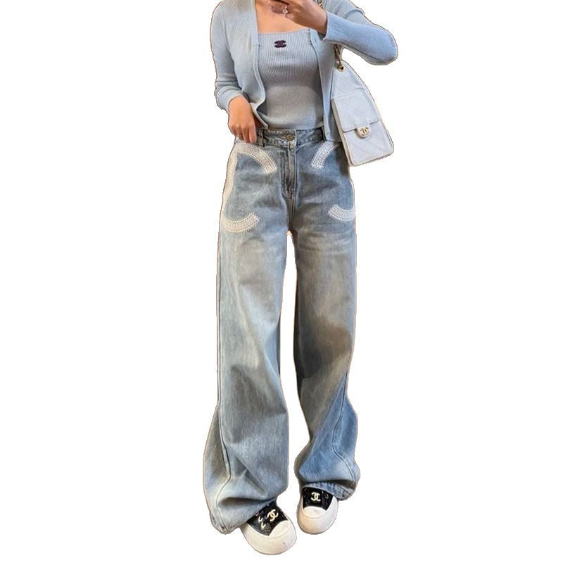 Vintage Blue Embroidered High Waist Wide Leg Denim Trousers