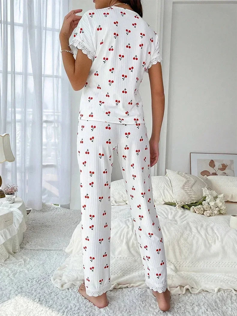 Cherry Print Full-Length Nightwear Set