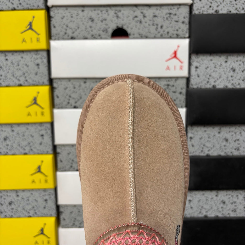 UGG Tazz Platform Slipper – Women’s Suede Clog with Pink Sole & Heart Embroidery in Sand
