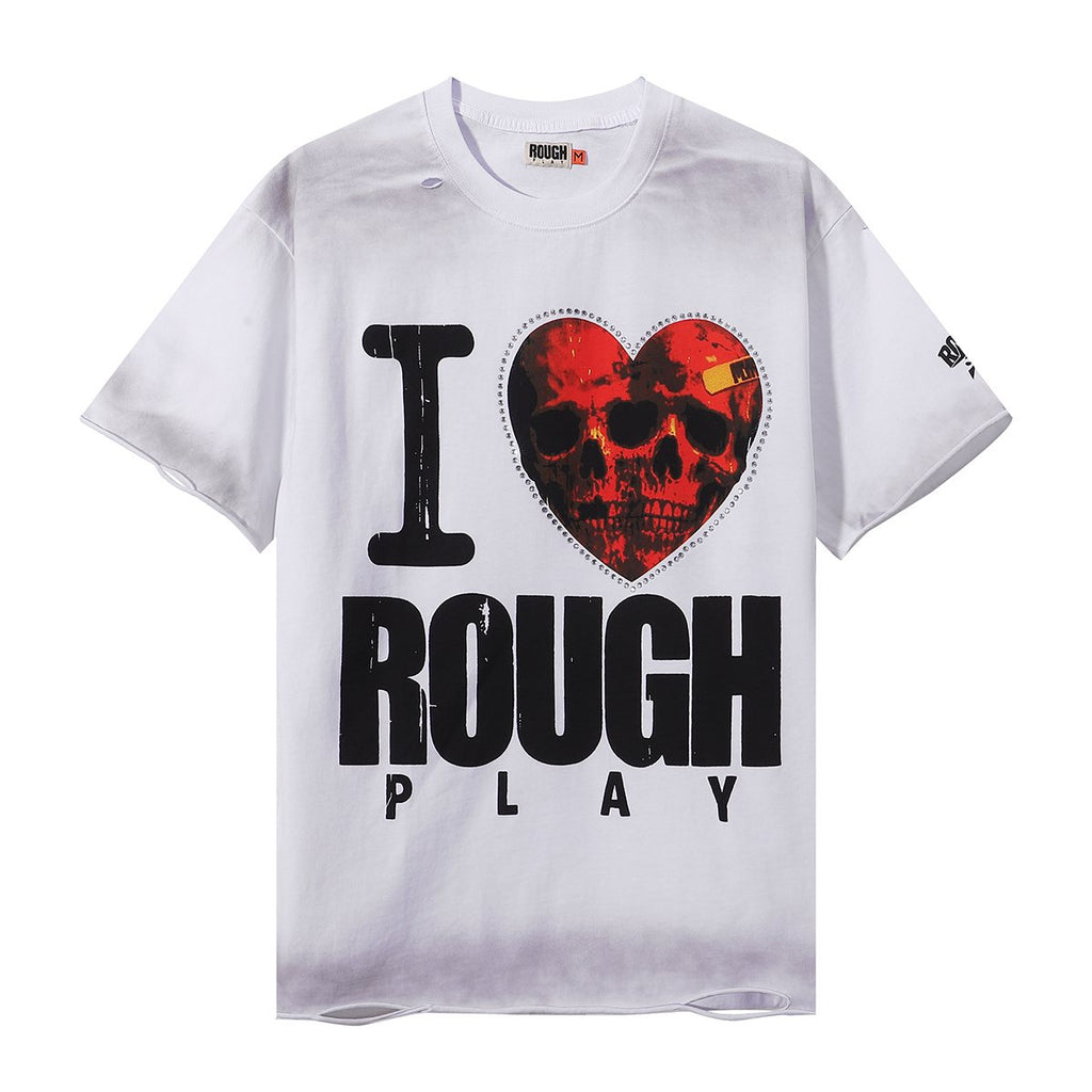 Rough Play Heart Skull Distressed Graphic T-Shirt