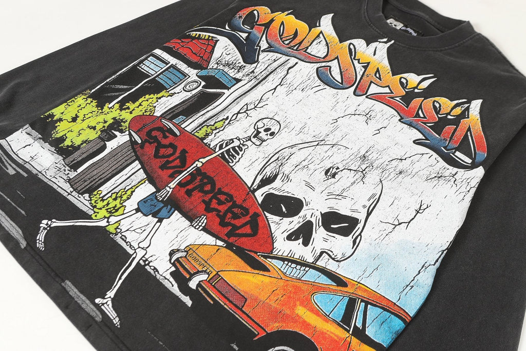 Godspeed Washed Black Skeleton Car Graphic Long-Sleeve T-Shirt