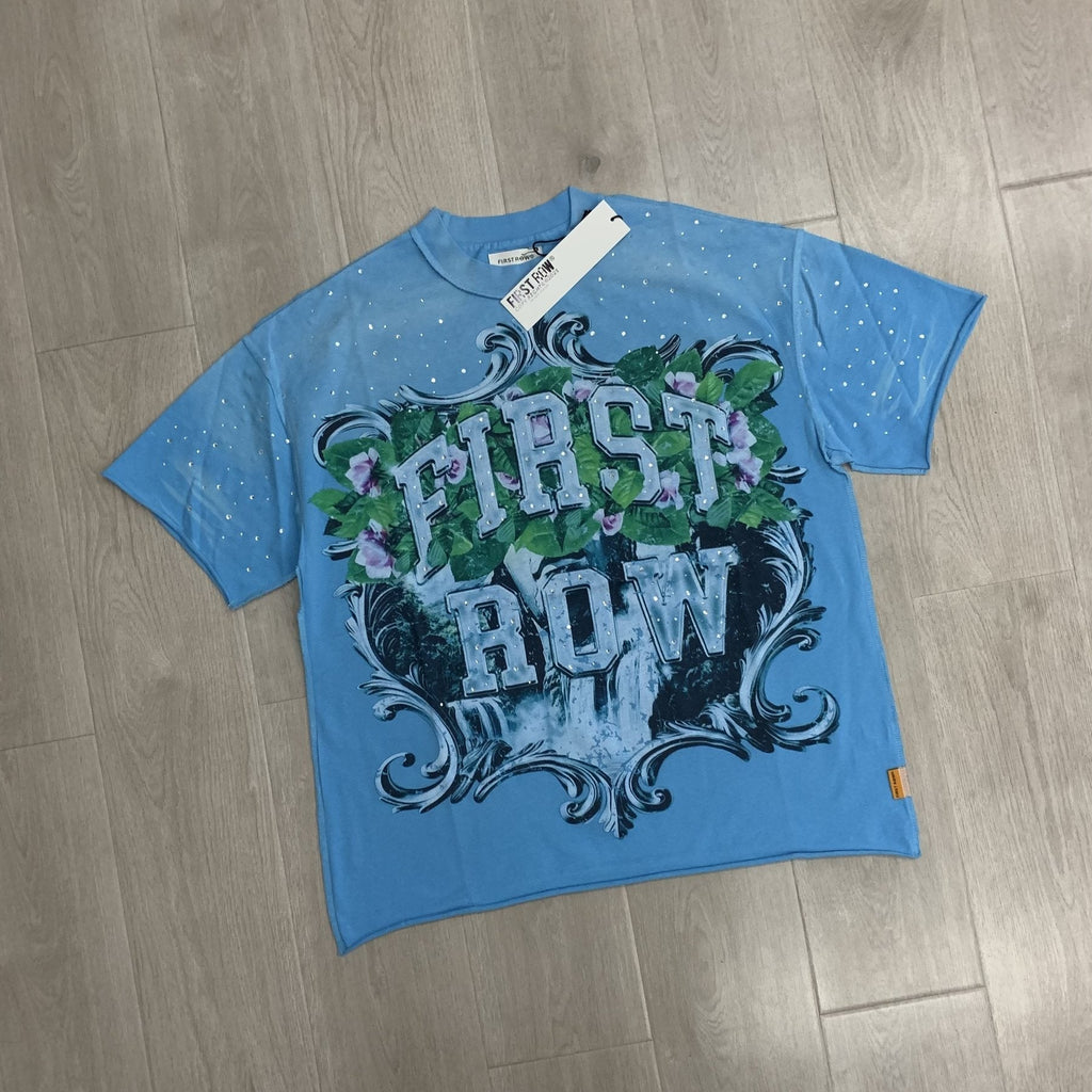FIRST ROW Sky Blue Rhinestone Front & Back Graphic T-Shirt
