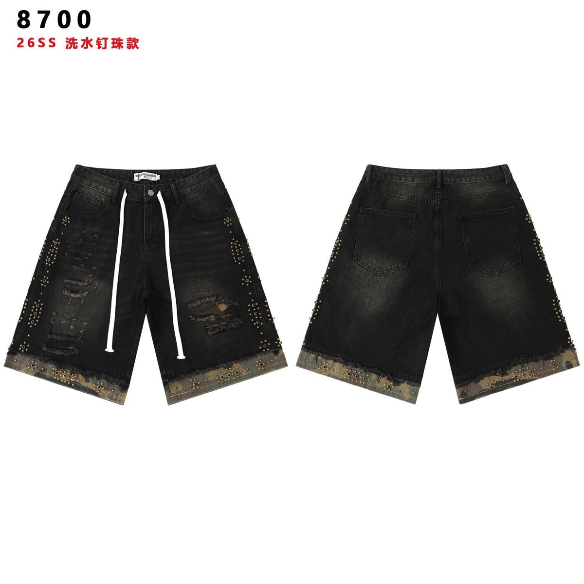 VALLEY Studded Distressed Washed Denim Shorts