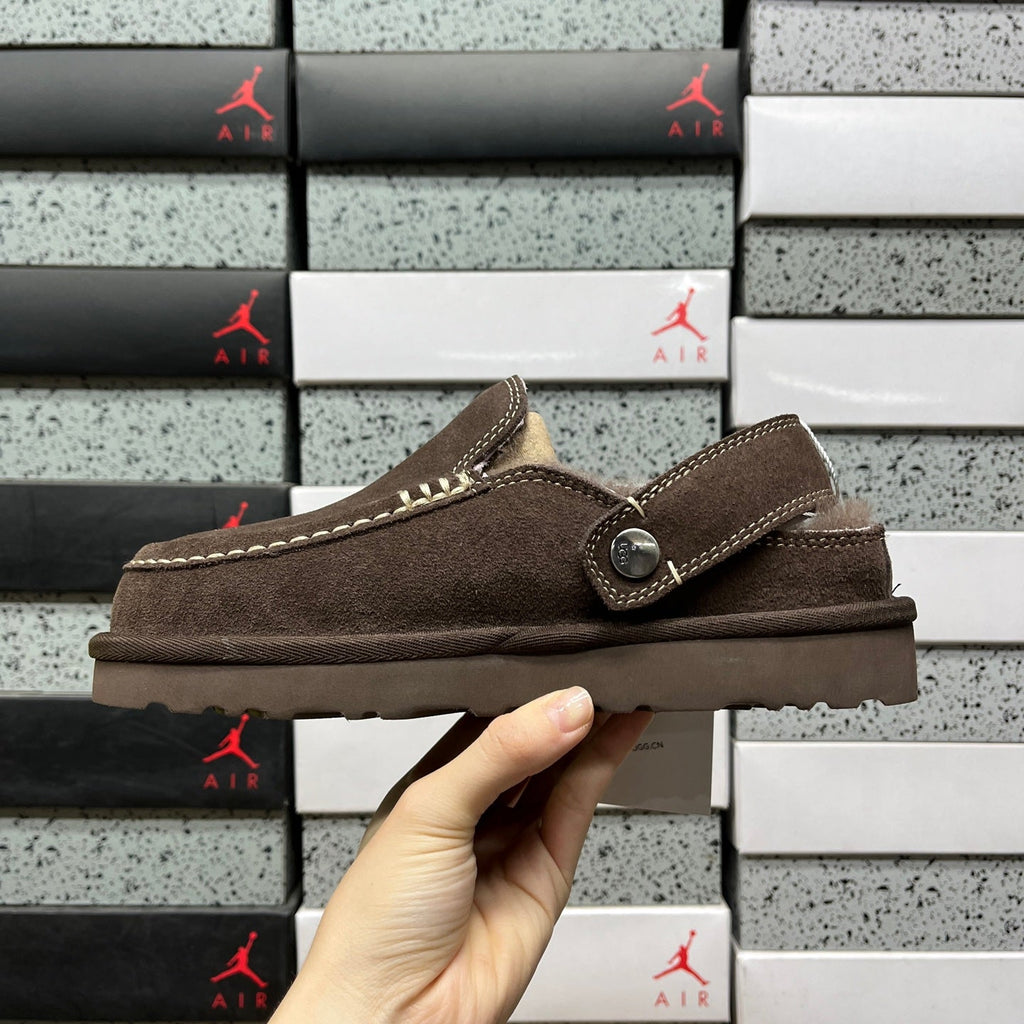 UGG Shearling Mule – Suede Clog with Plush Shearling Lining, Statement Silver Buckle Strap & Tonal Lug Sole in Chocolate