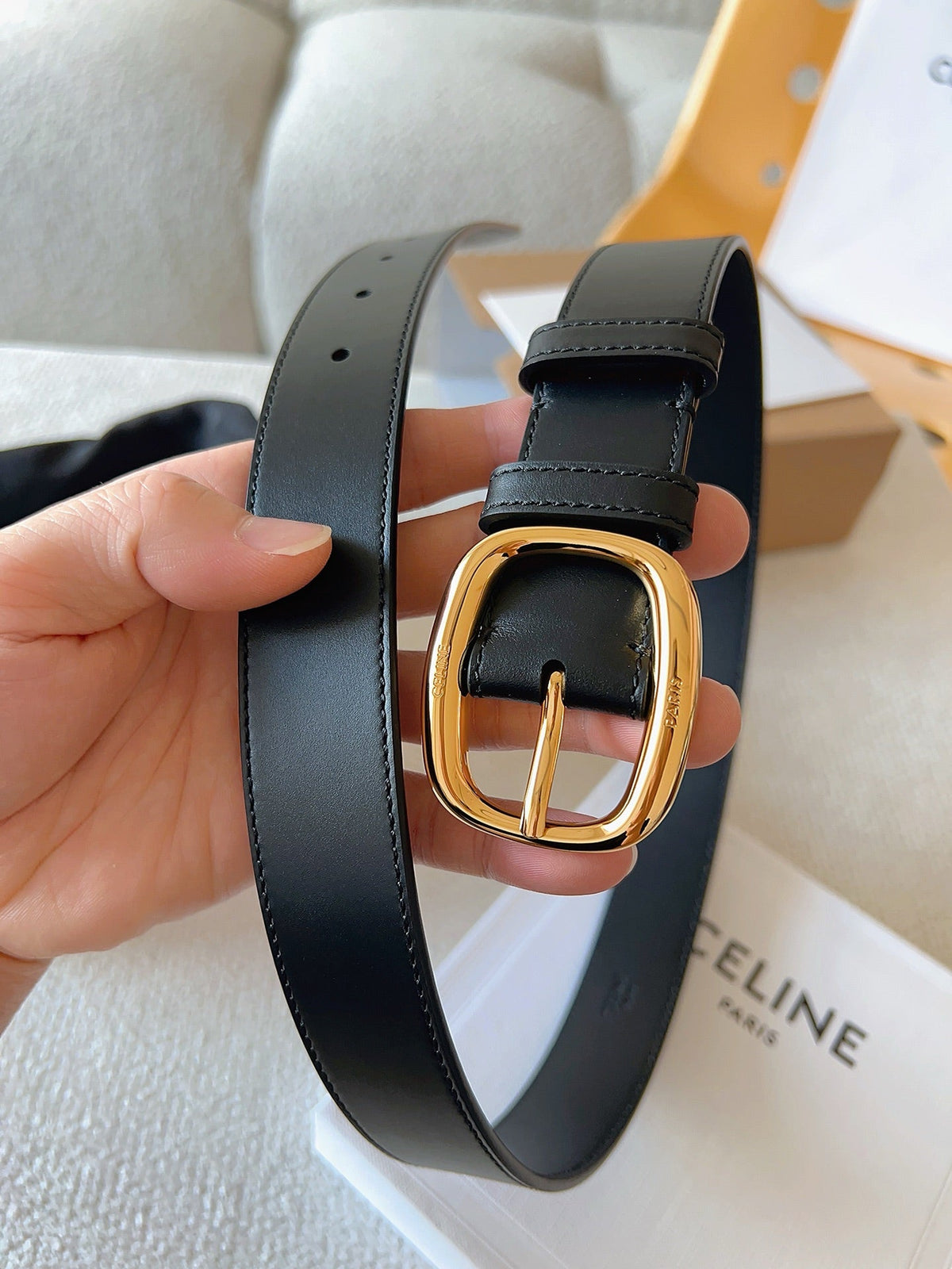 CELINE 25S SMALL 30MM WESTERN BELT IN BLACK CALFSKIN 566637