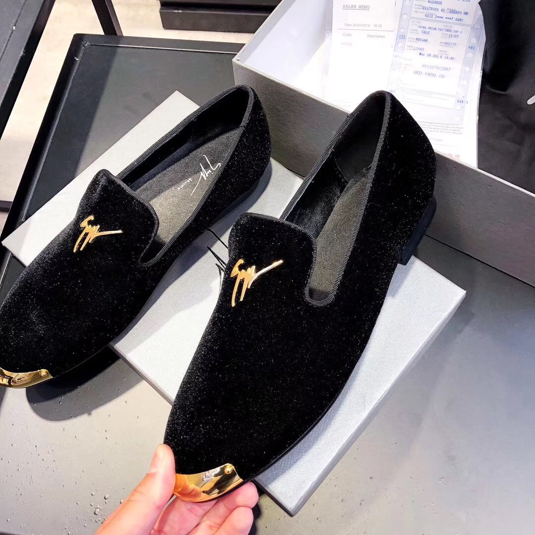Giuseppe Zanotti Black Velvet Gold-Trim Slip-On Shoes