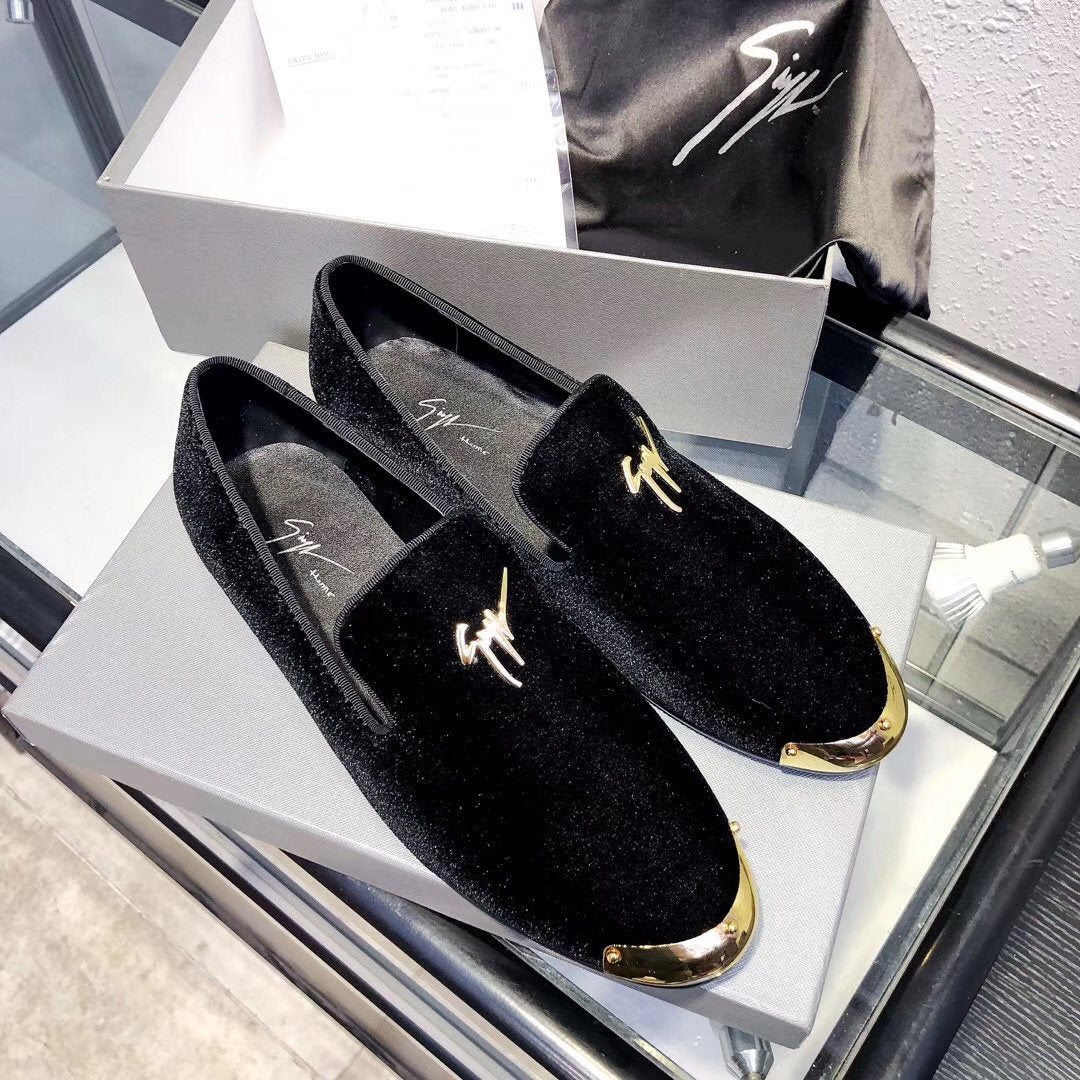 Giuseppe Zanotti Black Velvet Gold-Trim Slip-On Shoes