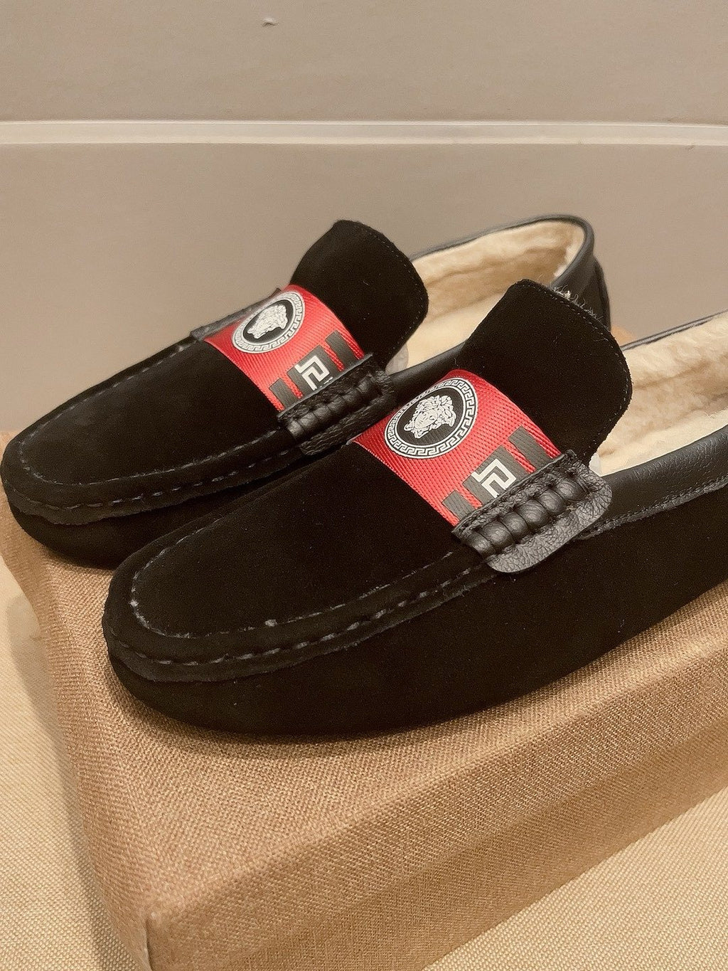 Versace Men's Black Red Accent Slip-On Loafers