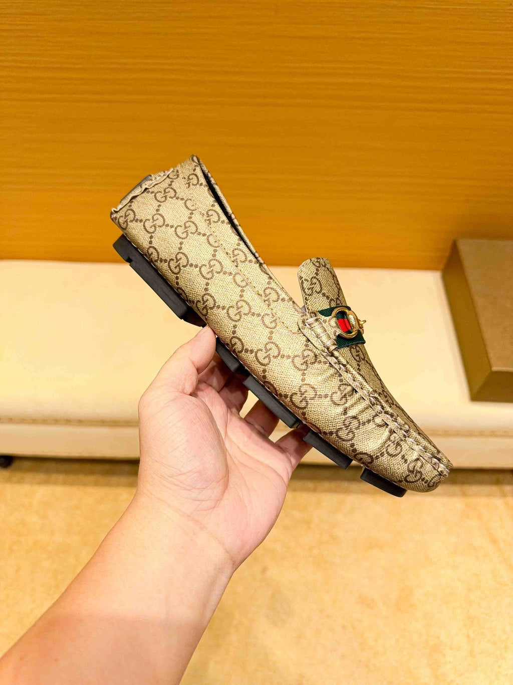 Gucci Beige Tan Monogram Horsebit Loafers