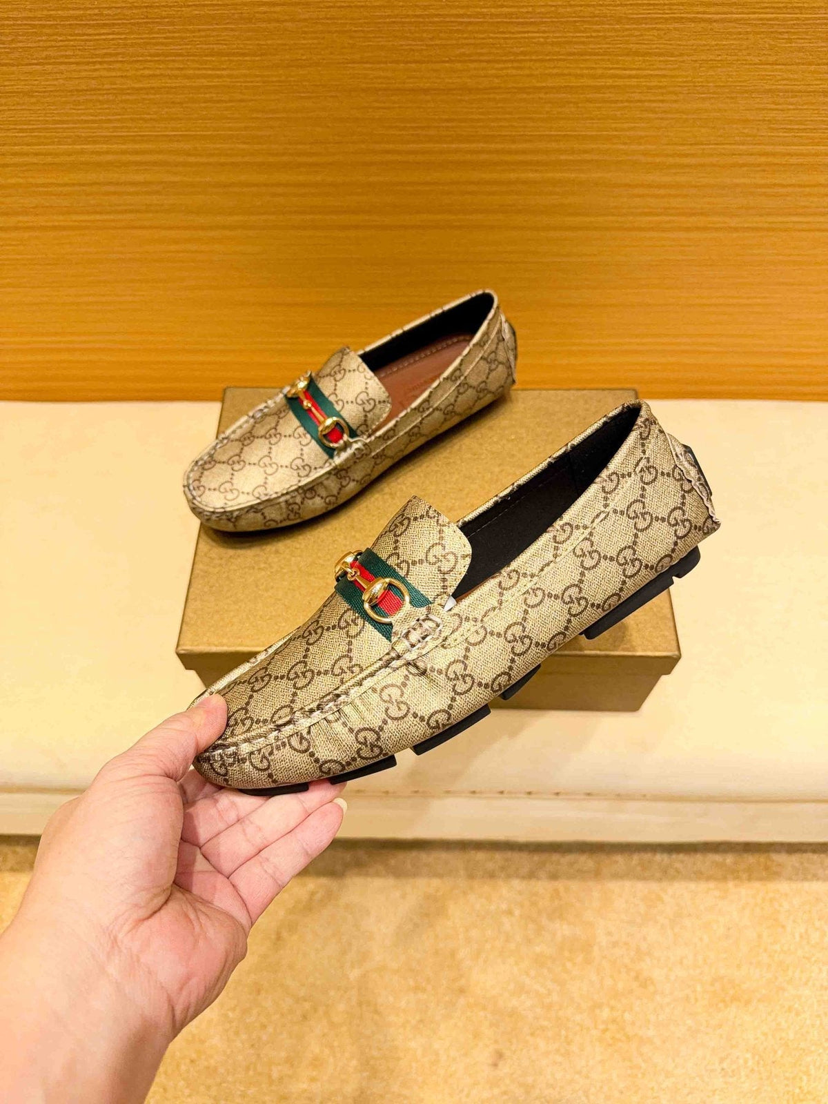 Gucci Beige Tan Monogram Horsebit Loafers