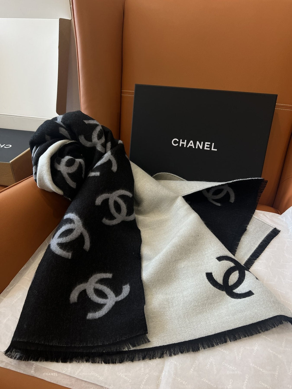 Chanel Reversible Black and Ivory Scarf
