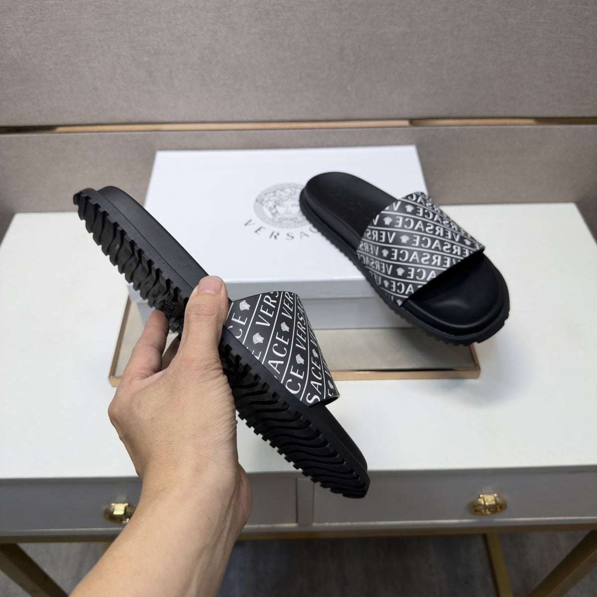 Versace Silver Logo Slide Sandals
