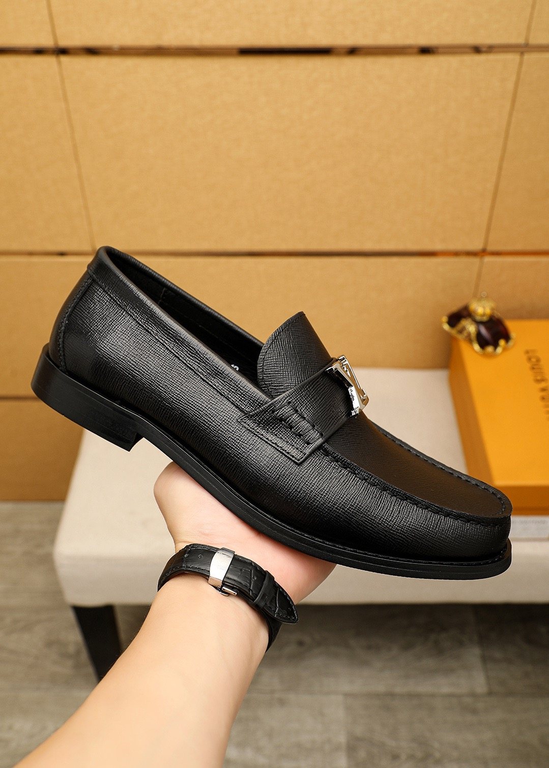 Louis Vuitton Men's Black Leather Buckle Loafers