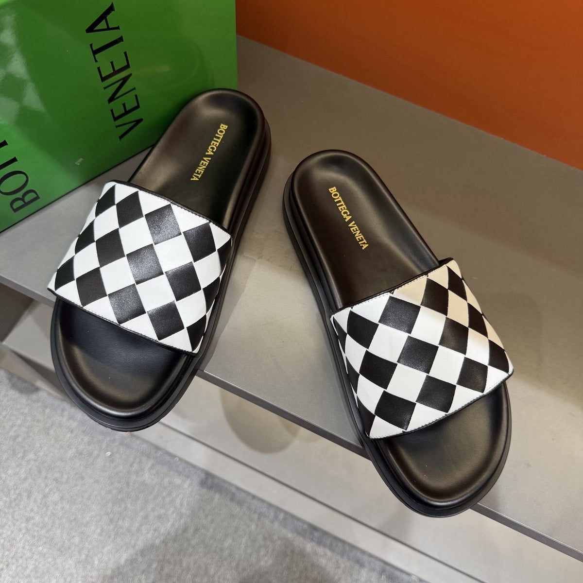 Bottega Veneta Checkerboard Slide Sandals - Black and White