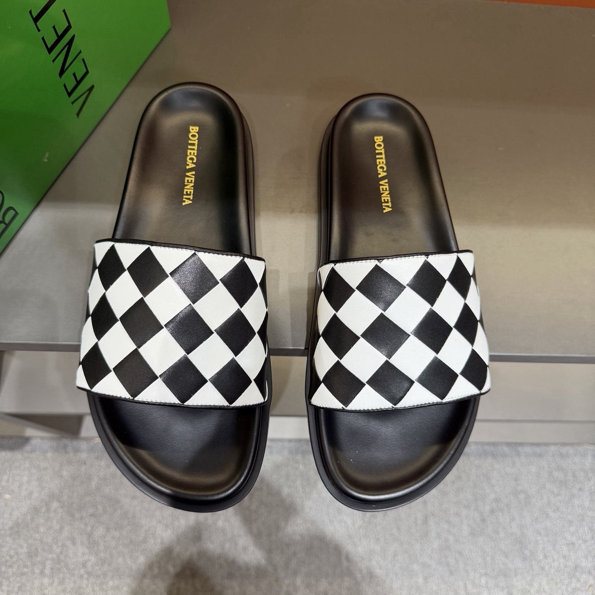 Bottega Veneta Checkerboard Slide Sandals - Black and White