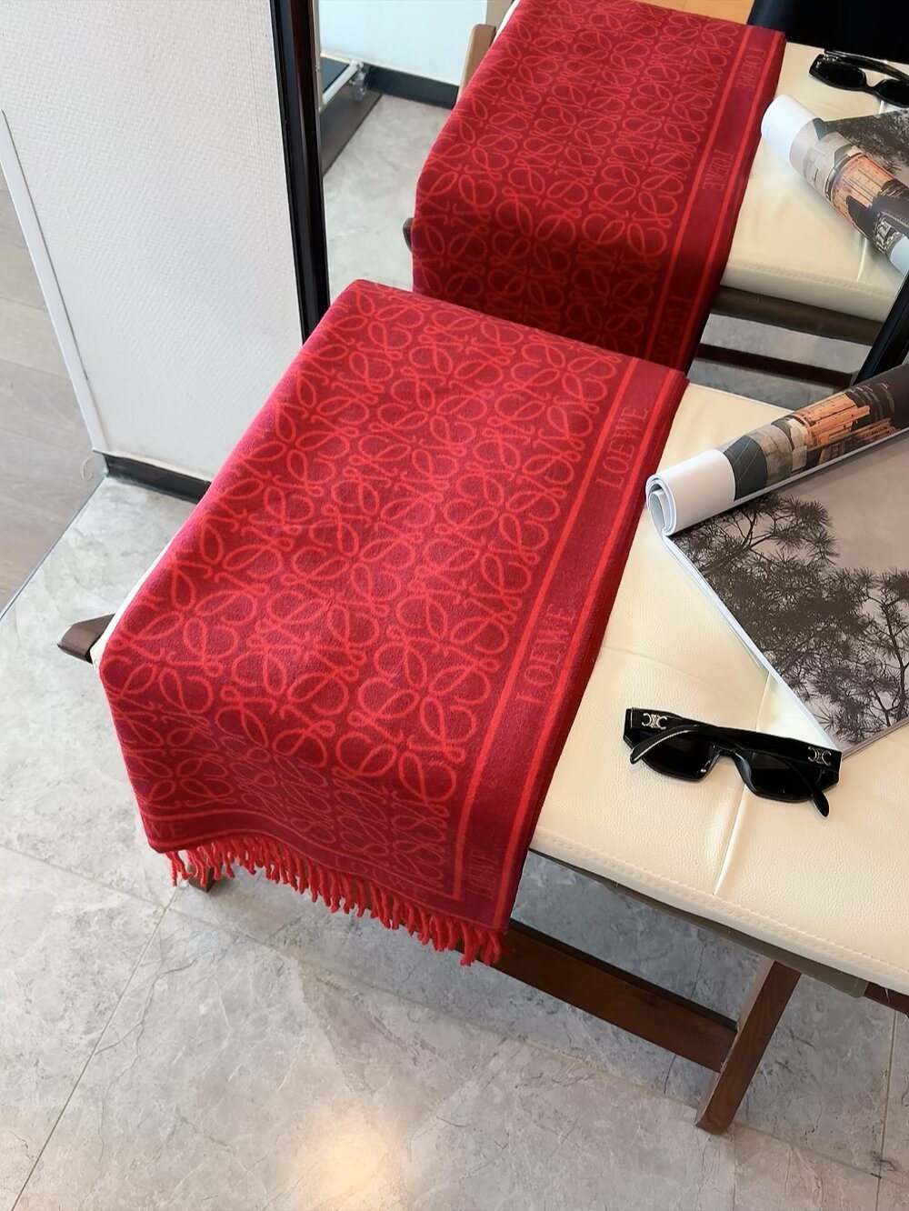 Loewe Red Patterned Fringed Scarf