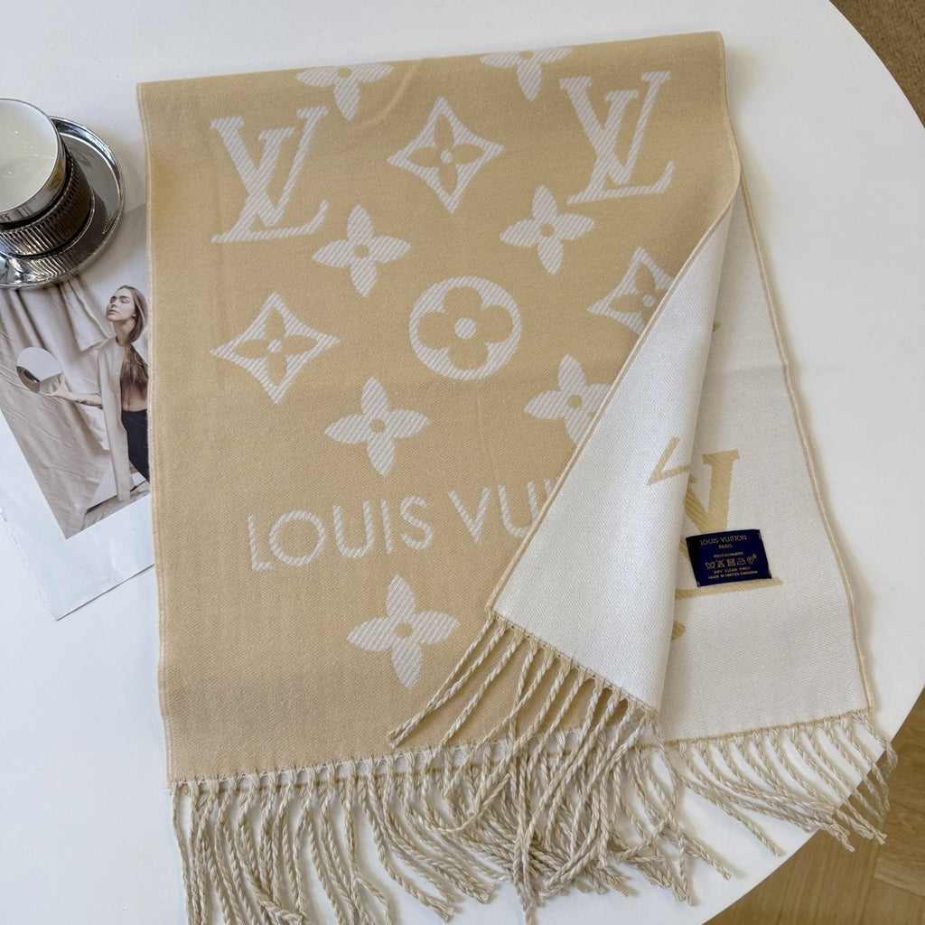 Louis Vuitton Beige & White Fringed Scarf