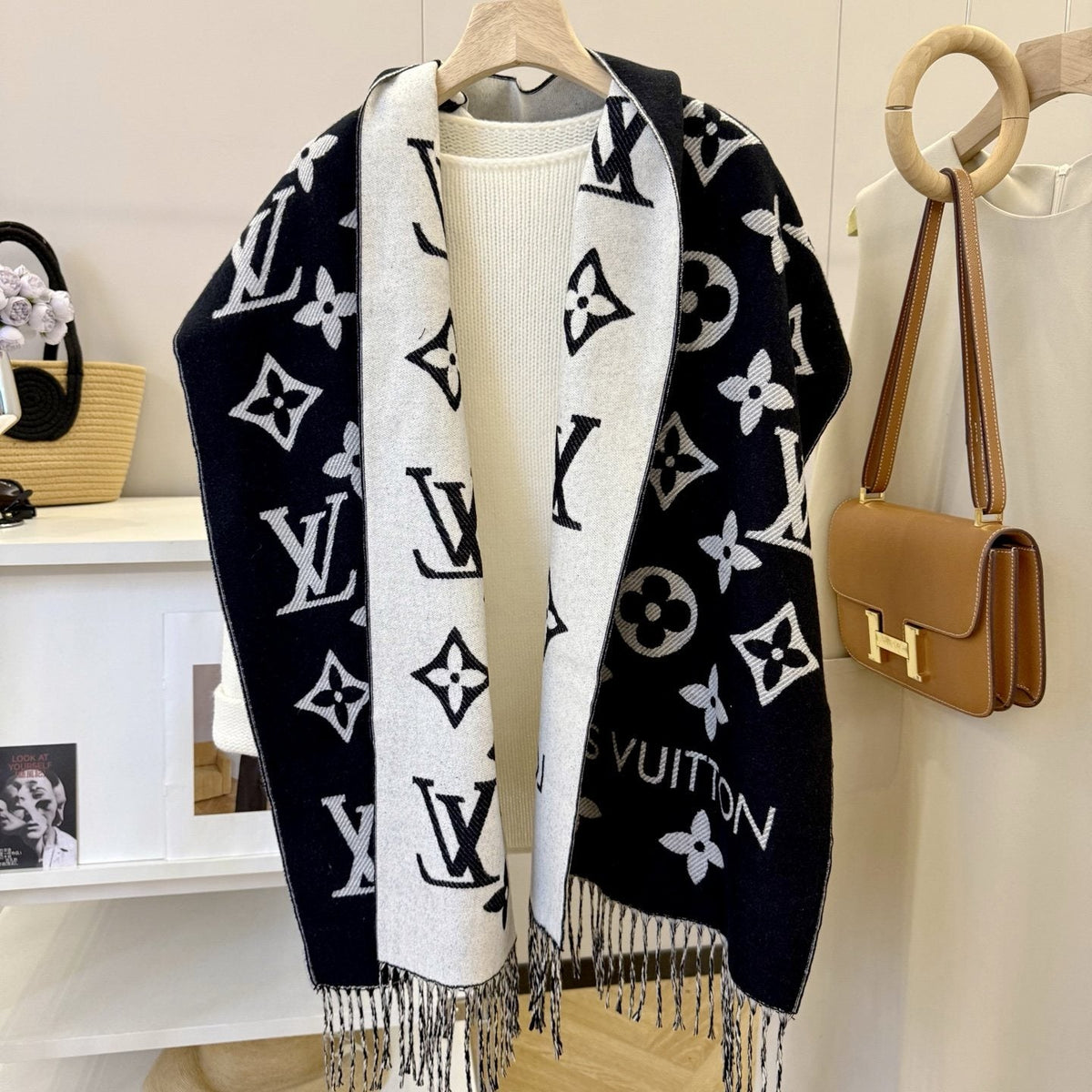 Louis Vuitton Beige & White Fringed Scarf