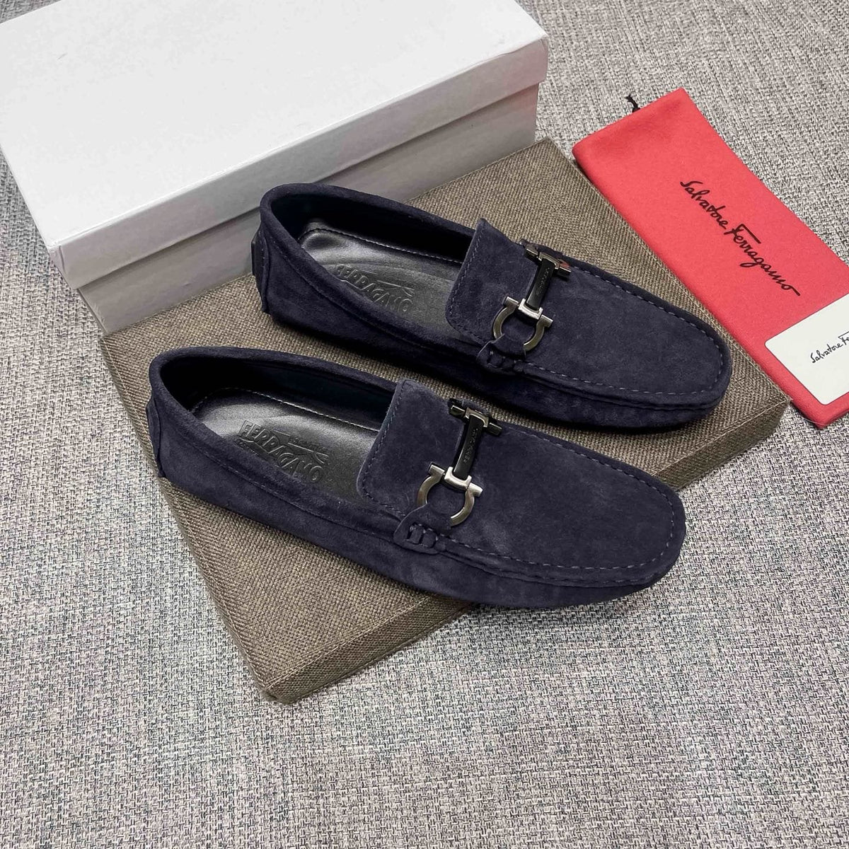 Ferragamo Navy Blue Bit Loafers