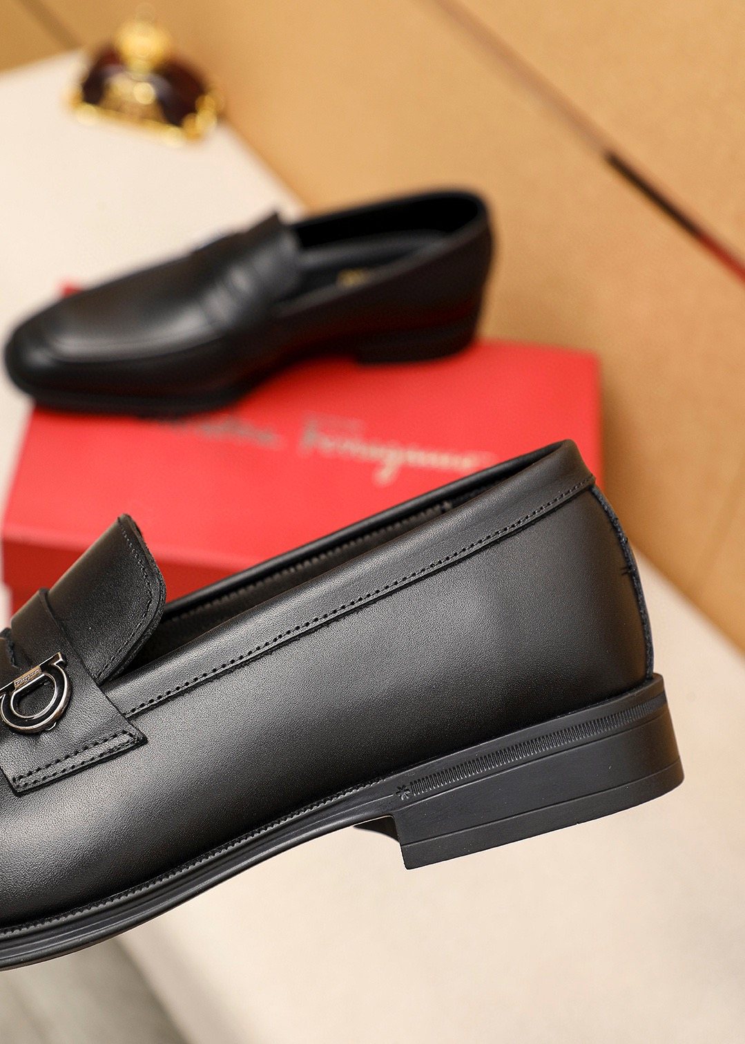 Ferragamo Black Buckle Loafers - Metal Vamp Buckle