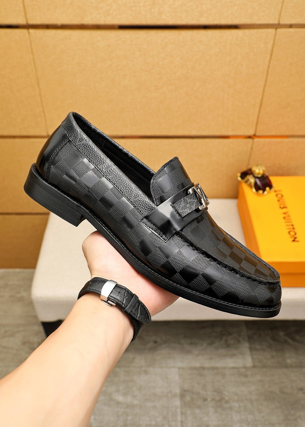 Louis Vuitton Black and Dark Gray Check Loafers
