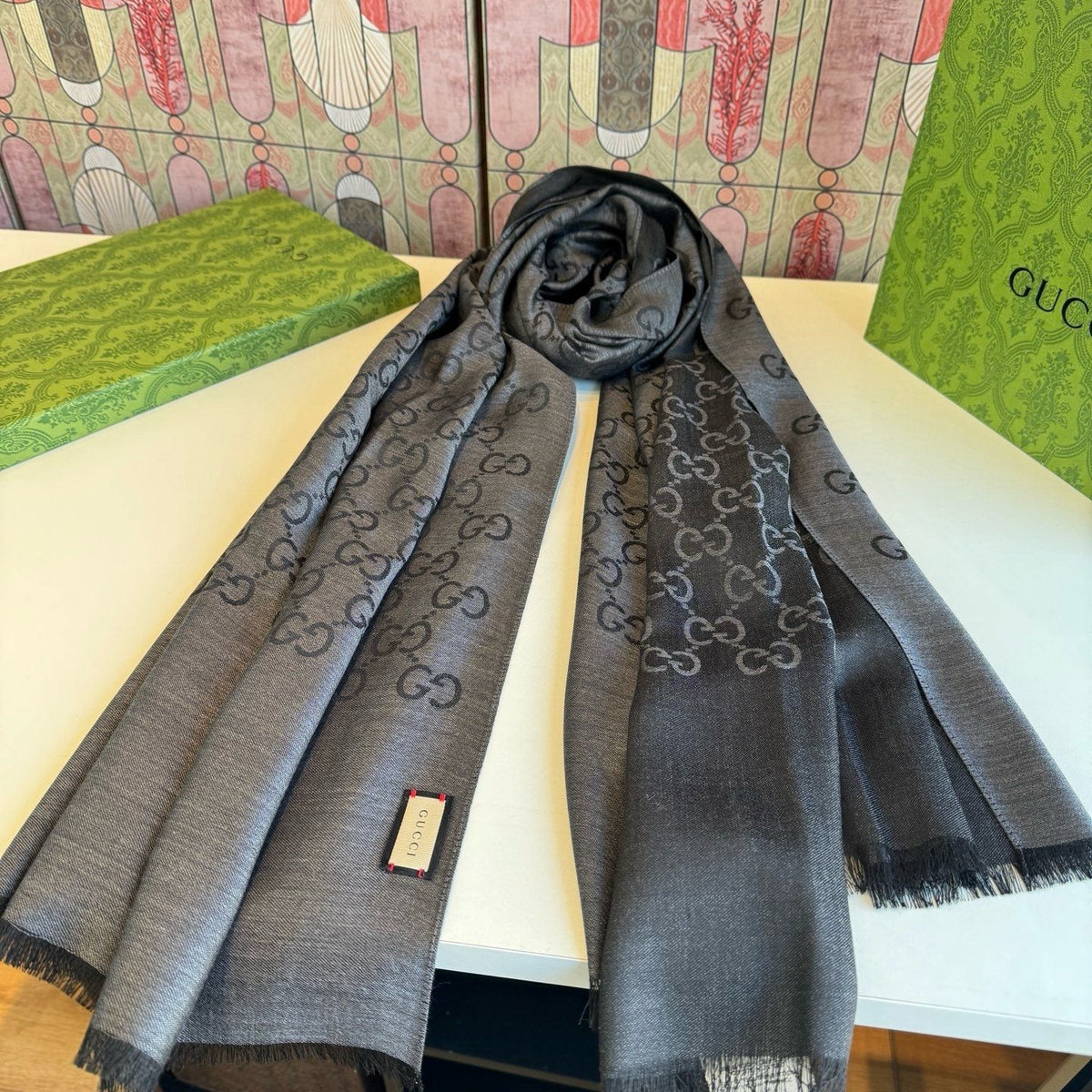 Gucci Reversible Monogram Fringe Scarf