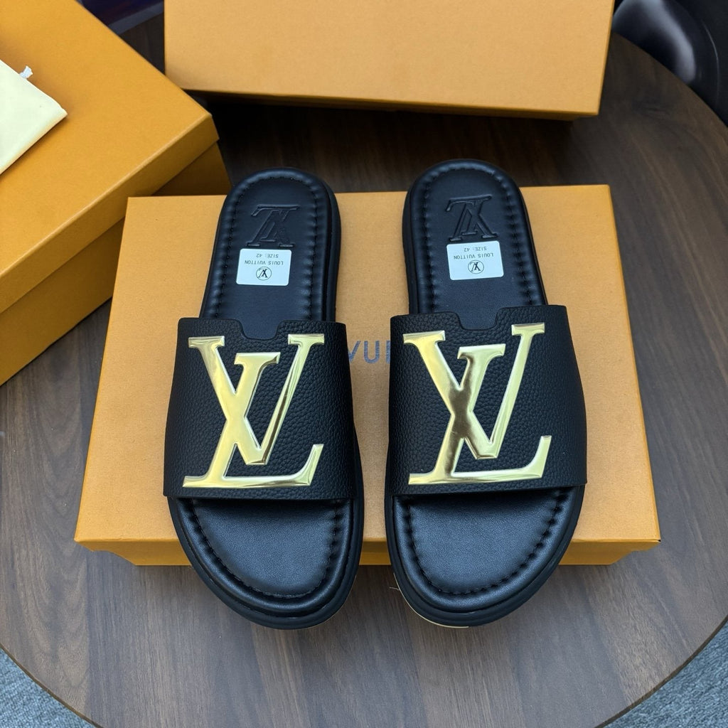 Louis Vuitton Men's Raised-Monogram Slide Sandals