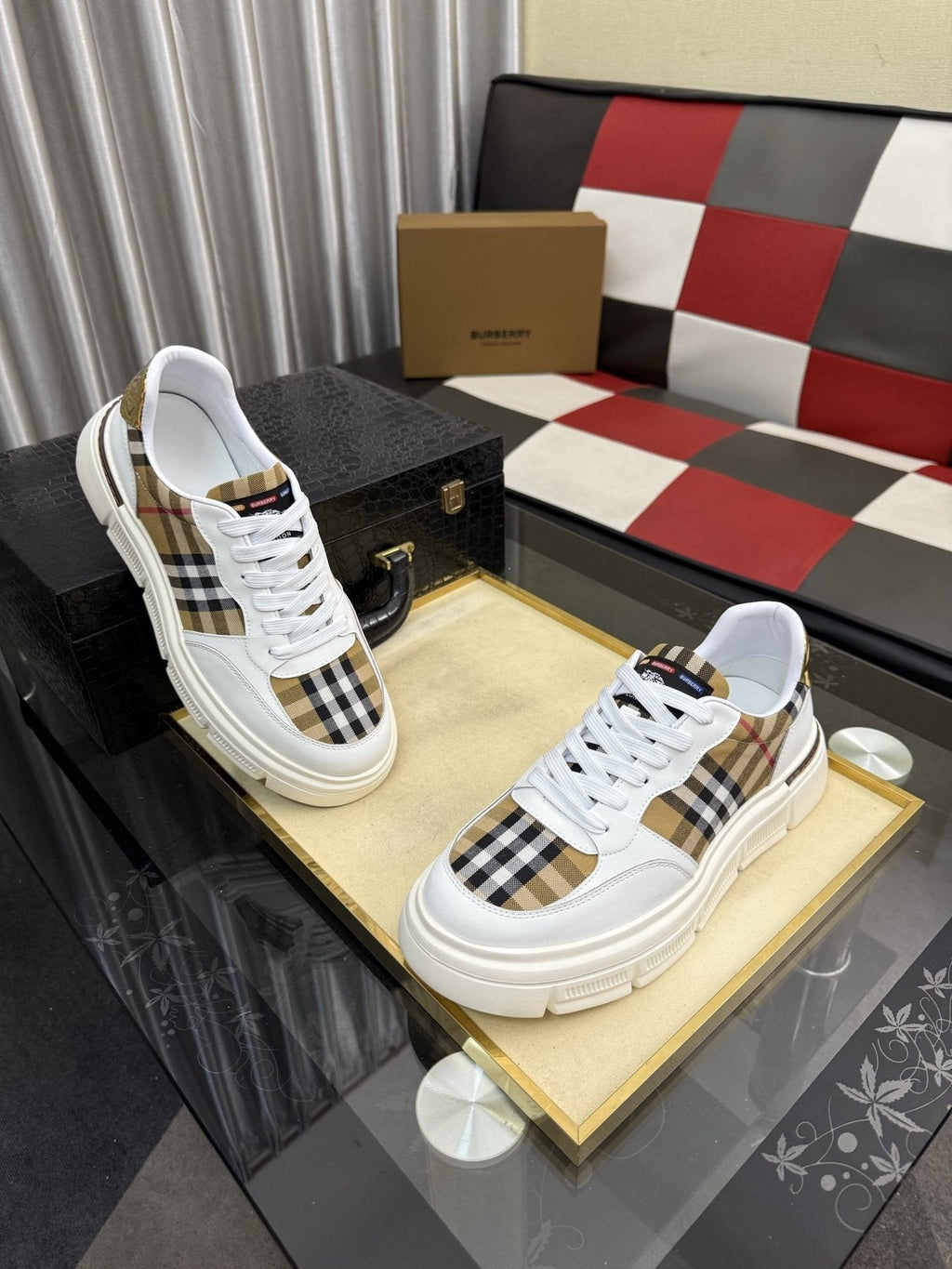 Burberry Men's Plaid Panel Sneakers - Layered Upper Details