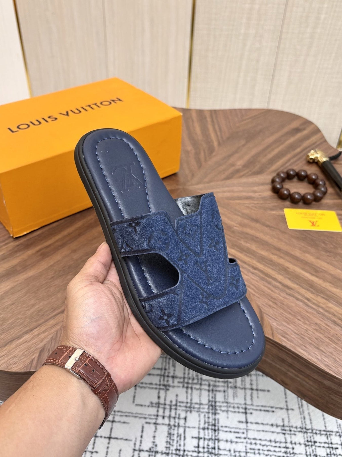 Louis Vuitton Embossed Navy Blue Slide Sandals