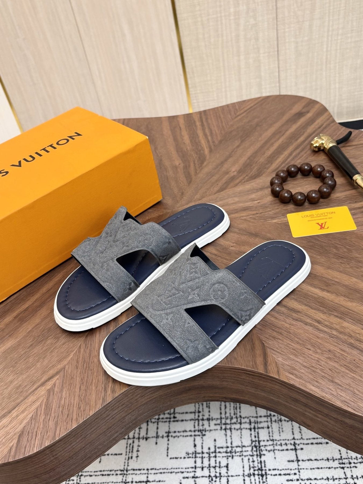 Louis Vuitton Embossed Navy Blue Slide Sandals