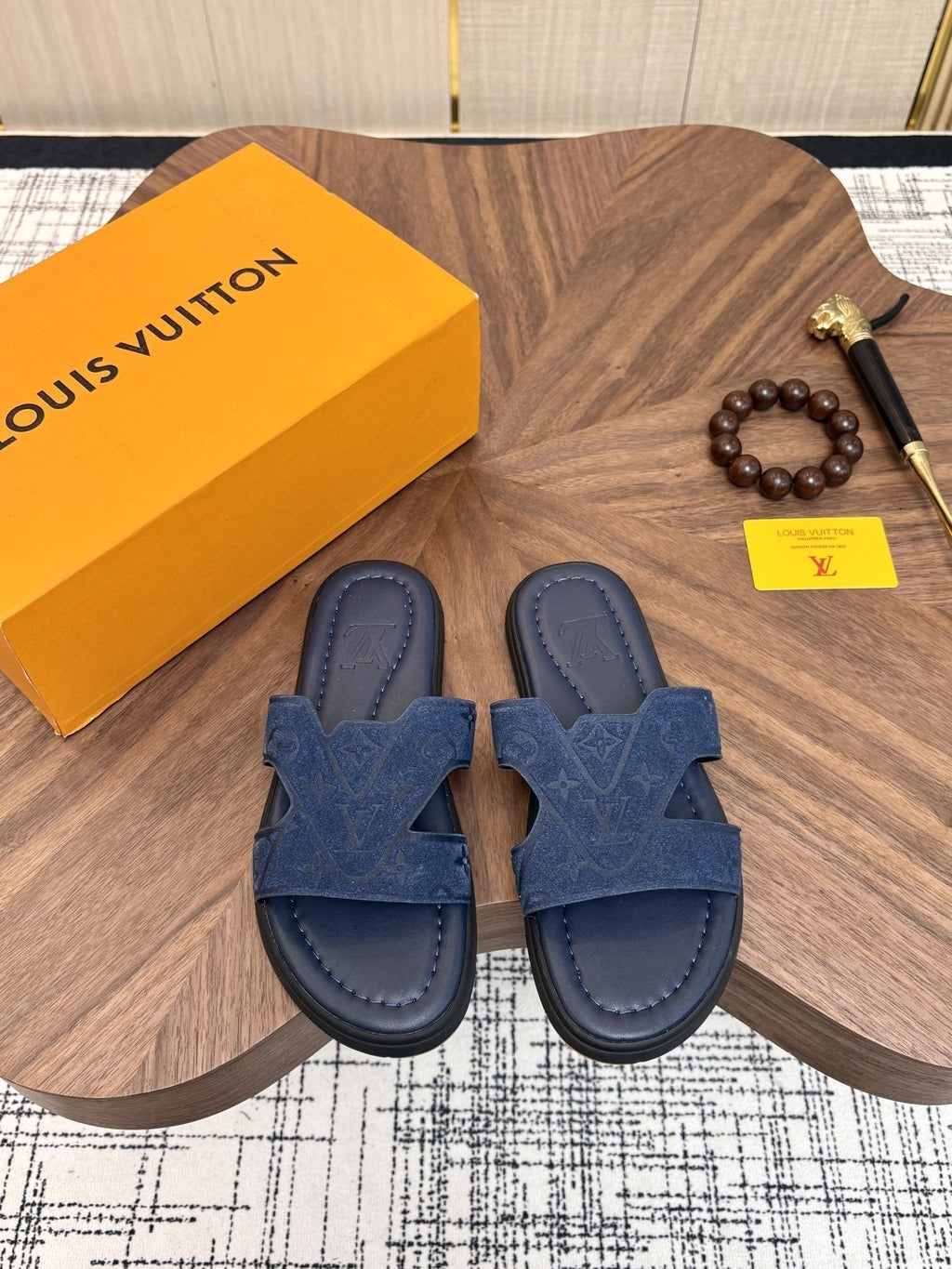 Louis Vuitton Embossed Navy Blue Slide Sandals