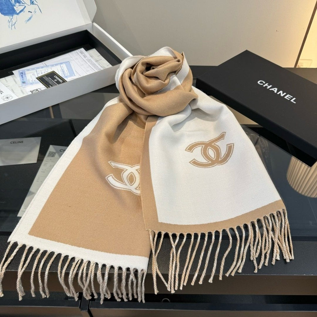 Chanel Contrast Panel Fringed Scarf