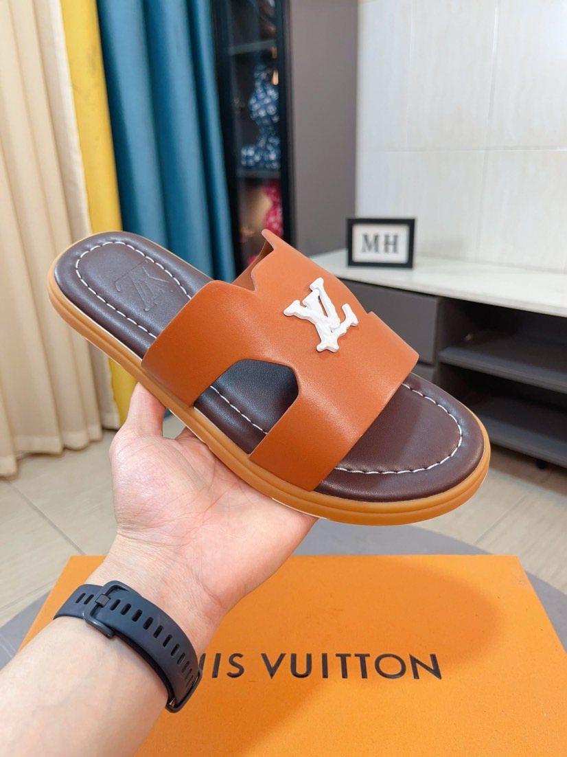 Louis Vuitton Men's Embossed Strap Slide Sandals - Layered Contrast Sole