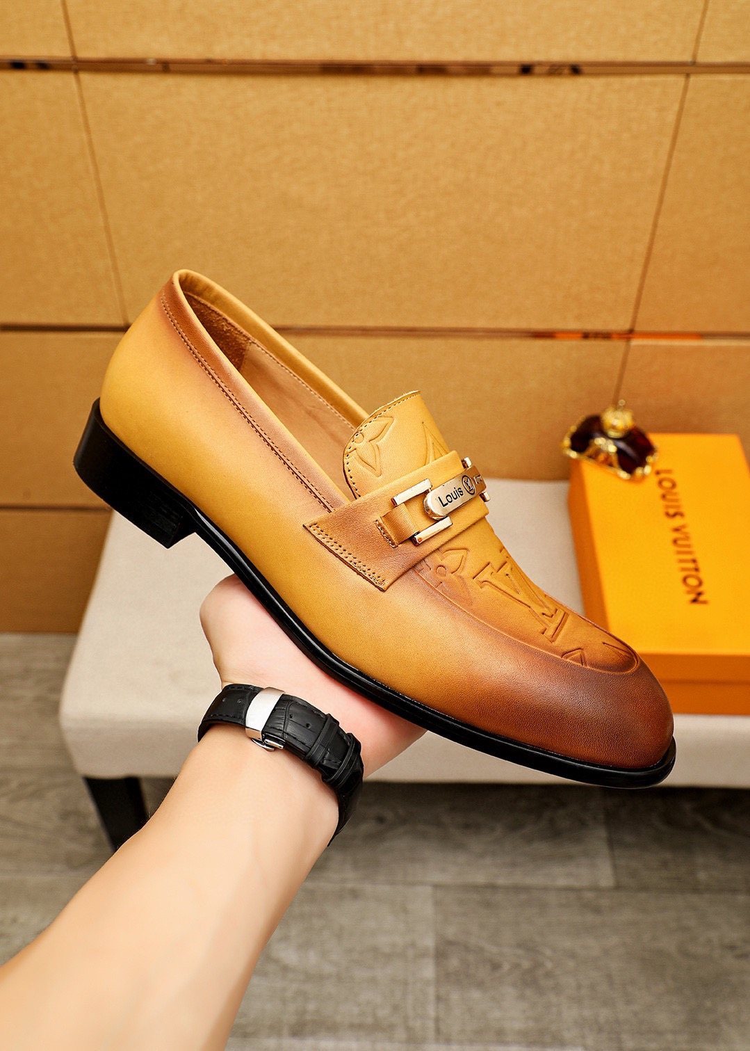 Louis Vuitton Embossed Metal-Bar Loafers